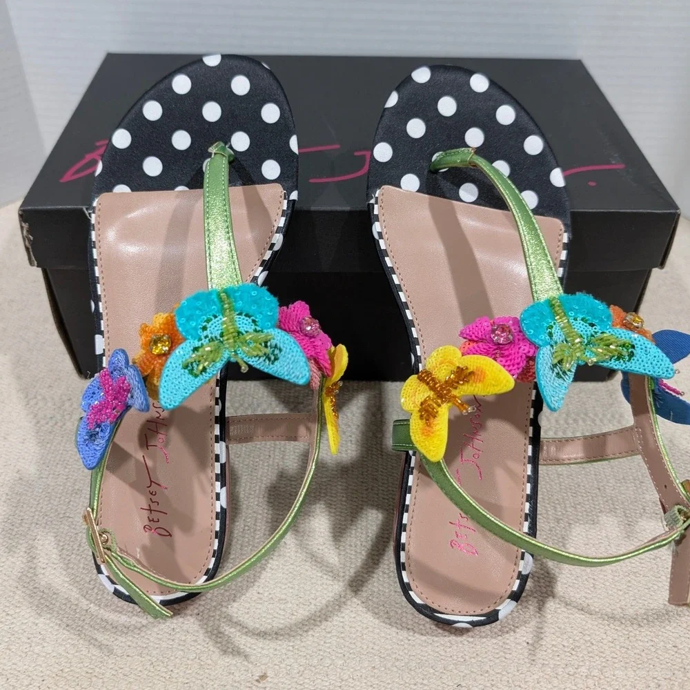 Betsey Johnson Halie Butterfly Floral Polka Dot Sandals Black Multi Size 7 NIB